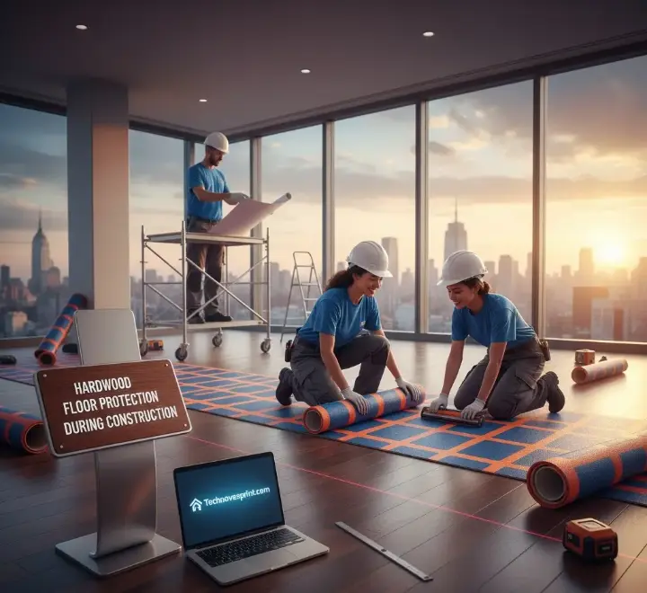 Hardwood floor protection with plastic sheeting during construction