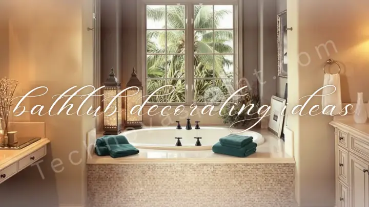 Spa-style bathtub surrounded by candles, plants, and soft lighting