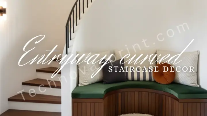 Stylish curved staircase decorated with wall art and greenery