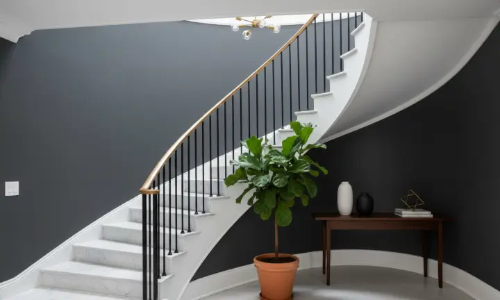 Curved staircase entryway with minimalist decorative accents