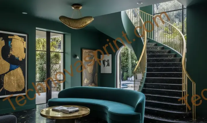 Grand entry hall with curved staircase and statement décor pieces