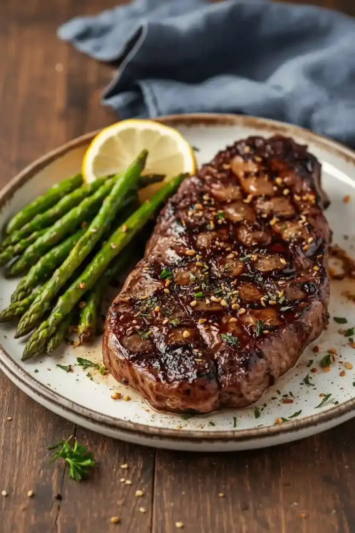 new york strip steak with peppercorn crust and sauce