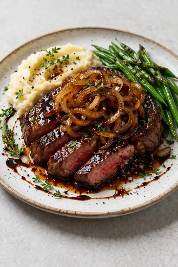 grilled steak topped with caramelized onions balsamic glaze