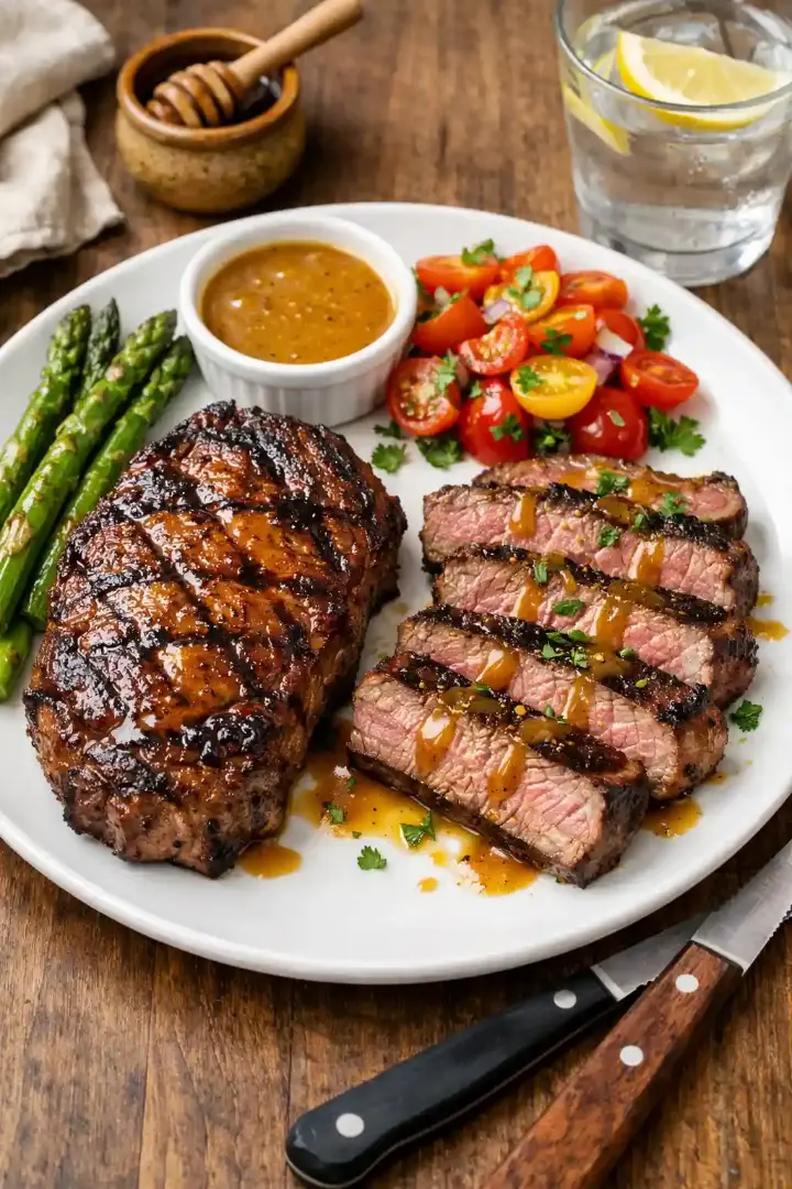 grilled steak with honey mustard glaze and herbs