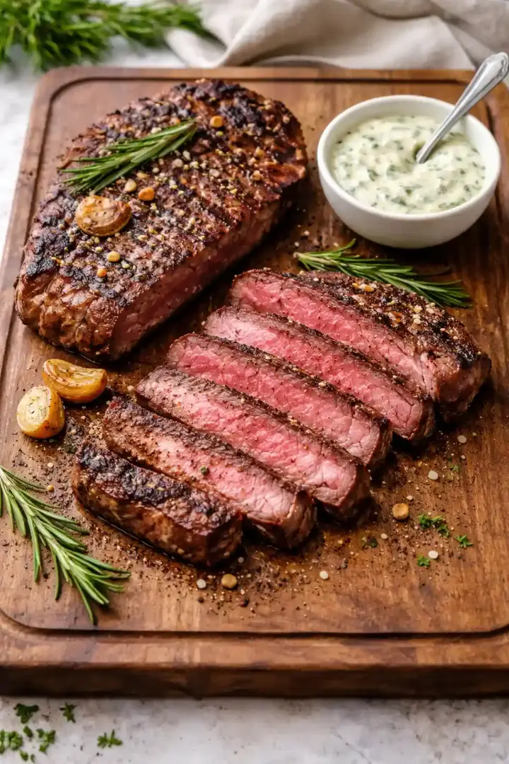 grilled steak infused with rosemary and garlic flavor